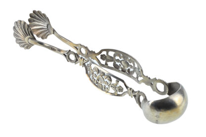 Zuckerzange Muschelzange Silber mit Wagenrad Punze