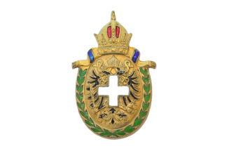 Patriotisches Abzeichen vom weisses Kreuz mit Kaiserkrone und Doppeladler