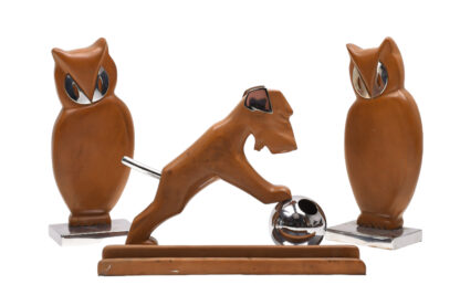Art Deco Schreibtischgarnitur+Buchstützen Hund und Eule