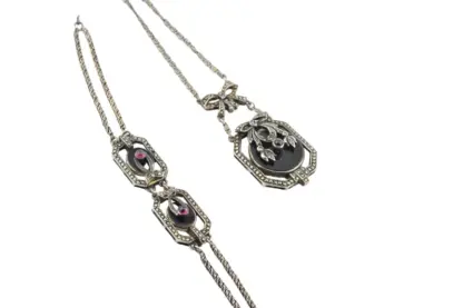 Silber Jugendstil Schmuckset mit Schwarzen und Rosa Steinen – Bild 5