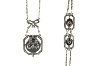 Silber Jugendstil Schmuckset mit Schwarzen und Rosa Steinen