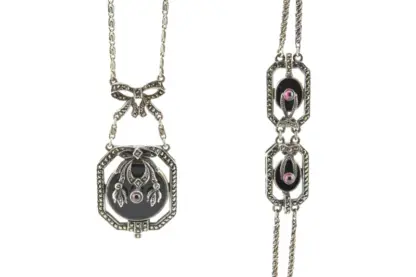 Silber Jugendstil Schmuckset mit Schwarzen und Rosa Steinen