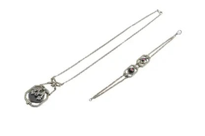 Silber Jugendstil Schmuckset mit Schwarzen und Rosa Steinen – Bild 2