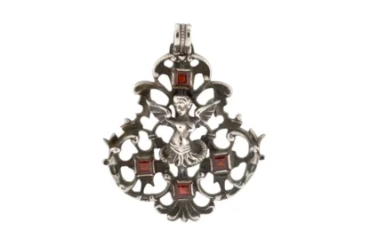 Antiker Silber Anhänger mit Melusine und roten Schmucksteinen