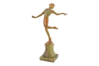 Art Deco Bronzetänzerin auf grünem Steinsockel Josef Lorenzl