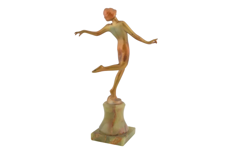 Art Deco Bronzetänzerin auf grünem Steinsockel Josef Lorenzl 2 Art Deco Bronzetänzerin auf grünem Steinsockel Josef Lorenzl – Bild 2