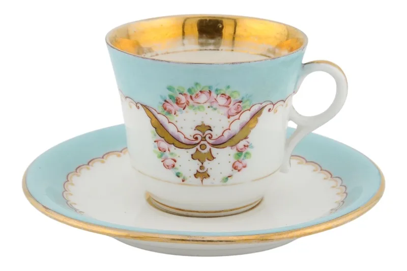 Karlsbad Porzellan Kaffeetasse mit Untertasse in Türkis Gold 2 Karlsbad Porzellan Kaffeetasse mit Untertasse in Türkis Gold