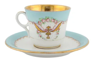 Karlsbad Porzellan Kaffeetasse mit Untertasse in Türkis Gold