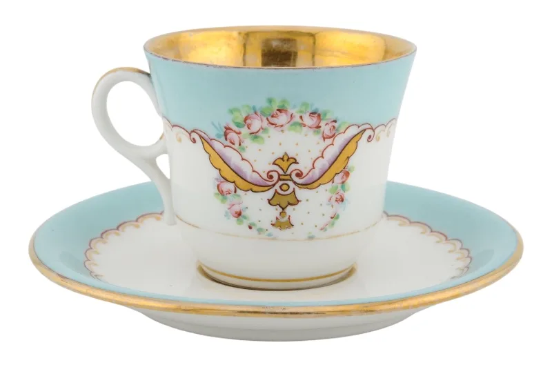 Karlsbad Porzellan Kaffeetasse mit Untertasse in Türkis Gold 1 Karlsbad Porzellan Kaffeetasse mit Untertasse in Türkis Gold