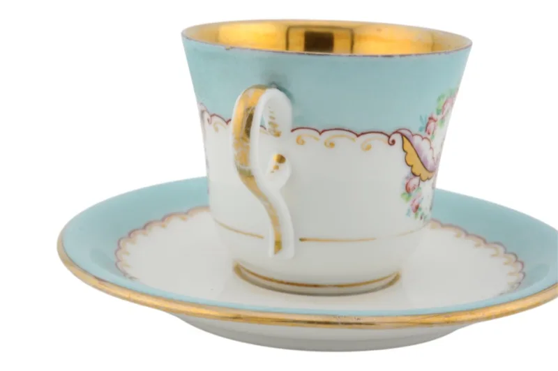 Karlsbad Porzellan Kaffeetasse mit Untertasse in Türkis Gold 5 Karlsbad Porzellan Kaffeetasse mit Untertasse in Türkis Gold