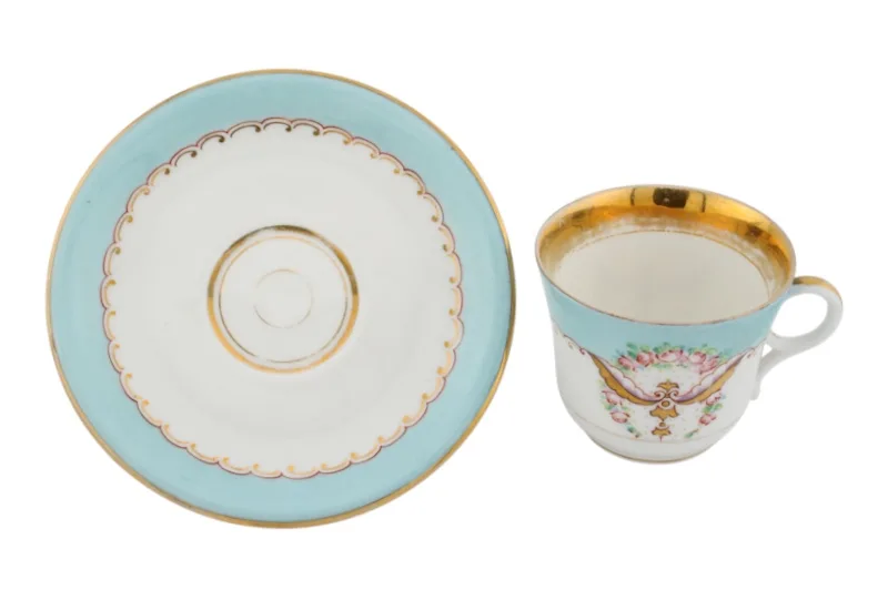 Karlsbad Porzellan Kaffeetasse mit Untertasse in Türkis Gold 3 Karlsbad Porzellan Kaffeetasse mit Untertasse in Türkis Gold