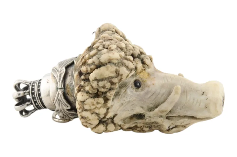 Geschnitzter Keilerkopf Trachtenanhänger Charivari aus Hirschhorn mit Silberkrone 2 Geschnitzter Keilerkopf Trachtenanhänger Charivari aus Hirschhorn mit Silberkrone – Bild 2