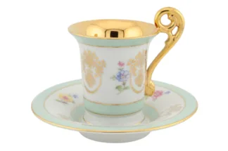 Porzellantasse mit Untertasse von Bremen und Schmidt in Türkis und Gold aus Eisenberg