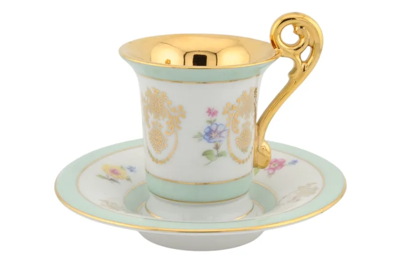 Porzellantasse mit Untertasse von Bremen und Schmidt in Türkis und Gold 1 Porzellantasse mit Untertasse von Bremen und Schmidt in Türkis und Gold aus Eisenberg