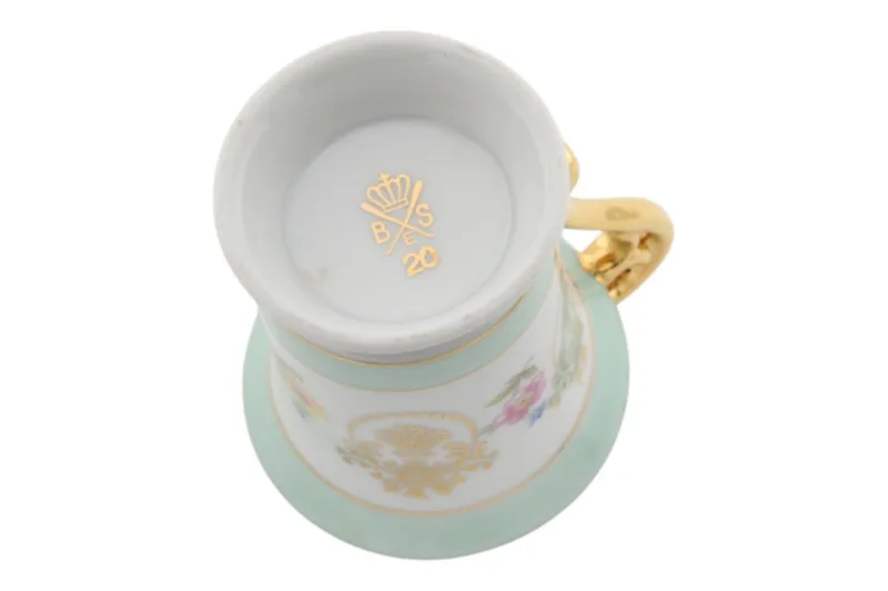 Porzellantasse mit Untertasse von Bremen und Schmidt in Türkis und Gold 3 Porzellantasse mit Untertasse von Bremen und Schmidt in Türkis und Gold – Bild 3