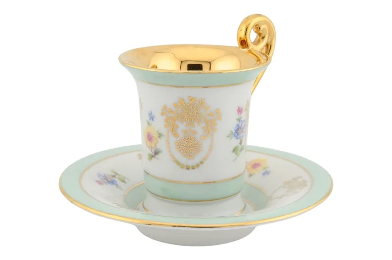 Porzellantasse mit Untertasse von Bremen und Schmidt in Türkis und Gold 2 Porzellantasse mit Untertasse von Bremen und Schmidt in Türkis und Gold – Bild 2